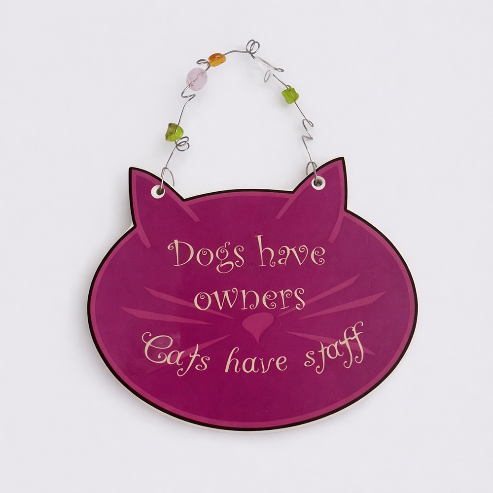 Dogs Have Owners Cats Have Staff Pink Cat Wall Plaque Jeweled Hanger Porcelain